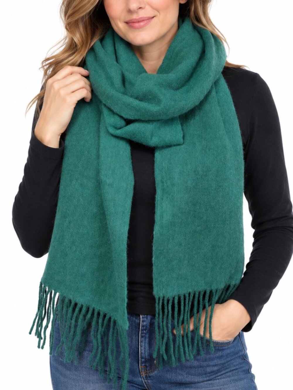 LA SEINE 100% Cashmere Scarf Emerald Green Fringe Luxury Soft Winter Wrap Cozy
